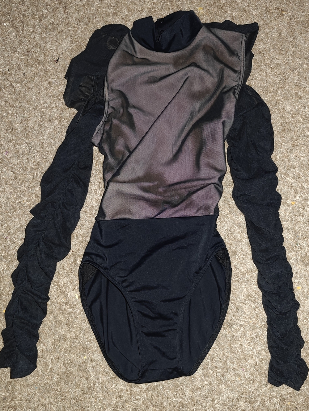 Balera Black Sheer Long-Sleeve Bodysuit with Ruched Sleeves